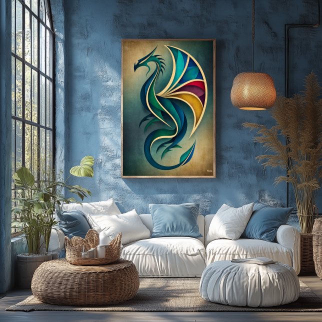 Poster Arte Deco Dragão Abstrato Geométrico Parede Fantas (Criador carregado)