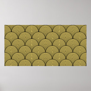 Poster Arte deco floral japonês preto e dourado sem emend