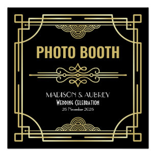 Póster Arte Deco Foto de Casamento Booth Dourado Sinal de