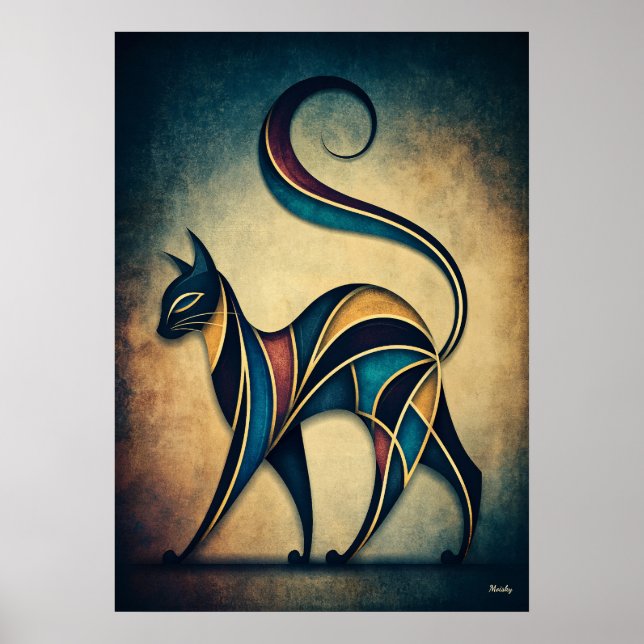 Poster Arte Deco Gato Arte Geométrico Abstrato de Parede  (Frente)