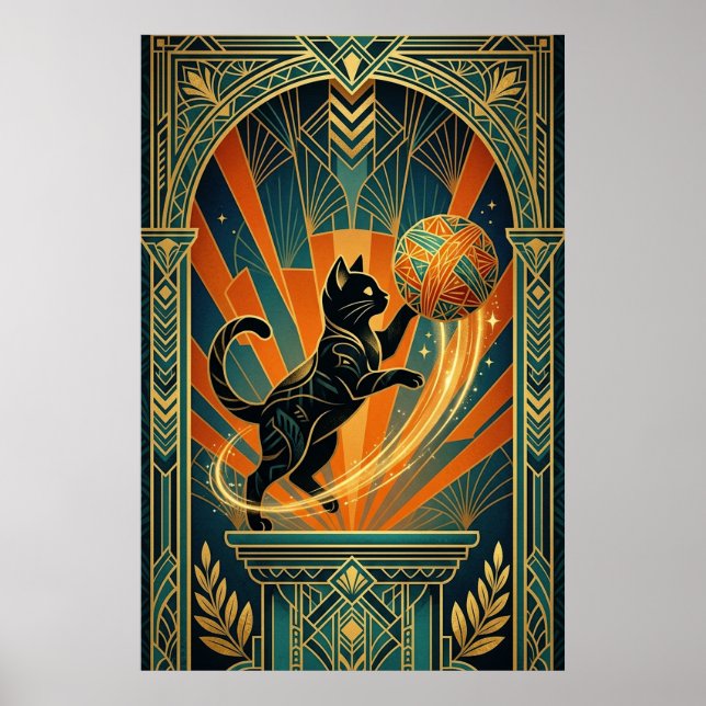 Poster Arte Deco Gato Peixe Troféu Arte de Parede (Frente)