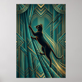 Poster Arte Deco Gato Preto na Peitoril da Janela Arte de