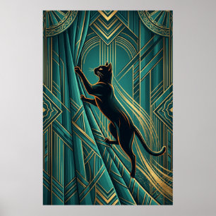 Poster Arte Deco Gato Preto na Peitoril da Janela Arte de