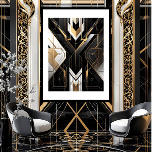 Poster Arte Deco Geométrico Moderno dourado preto branco