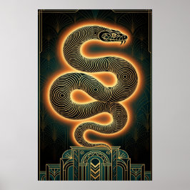 Poster Arte Deco Ornamentada Serpente Cobra Dourada Espir