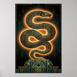 Poster Arte Deco Ornamentada Serpente Cobra Dourada Espir