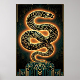 Poster Arte Deco Ornamentada Serpente Cobra Dourada Espir