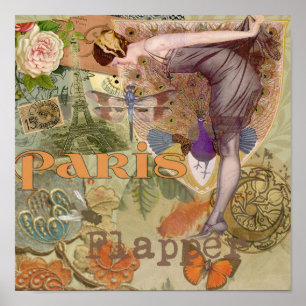 Poster Arte Deco Pavão Colagem Flapper Paris Antigo