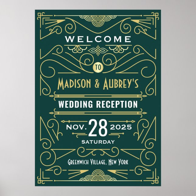 Poster Arte Deco - Recepção de casamento - sinal verde de (Frente)