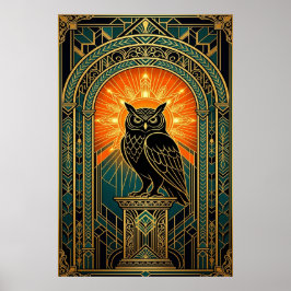 Poster Arte Deco Silhueta de Coruja Sábia em Dourado Meia