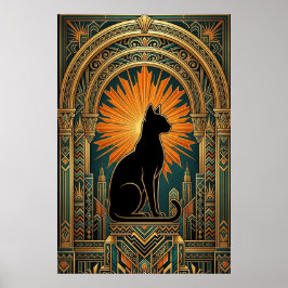 Poster Arte Deco Sol Nascente Gato Preto Parede Arte