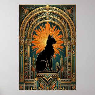Poster Arte Deco Sol Nascente Gato Preto Parede Arte
