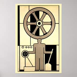 Póster Arte Deco Vintage de Negócios Roda e Trabalhador d
