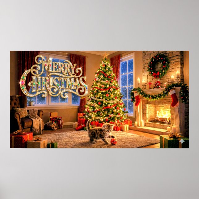 Poster Arte Decorativa de Natal com Gatinho #2 (Frente)