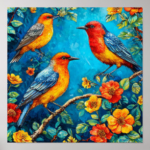 Poster Arte Decorativa de Pássaros Antiga para Parede   N