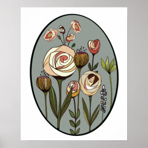 Poster Arte desenhada de mão de jardim de flores moderna