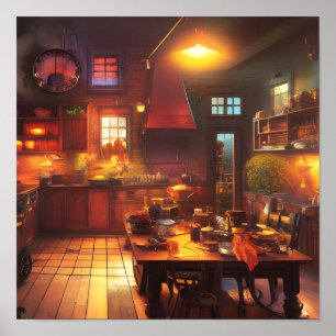 Poster Arte Digital Cozy Farmhouse Kitchen, quente e cozi
