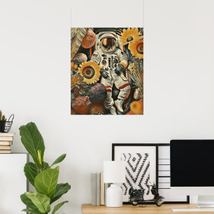 Poster Arte Digital da Cama de Flores do Astronauta