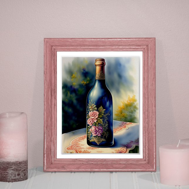 Poster Arte Digital de Garrafa de Vinho com Flores em Est (Criador carregado)