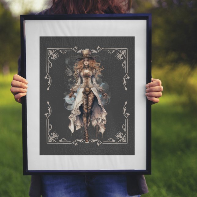 Poster Arte Digital Steampunk de Alta Costura Mecânica (As shown 16x20 print with white mat & black frame. )