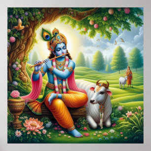 Poster Arte Divina da Flauta Azul de Krishna