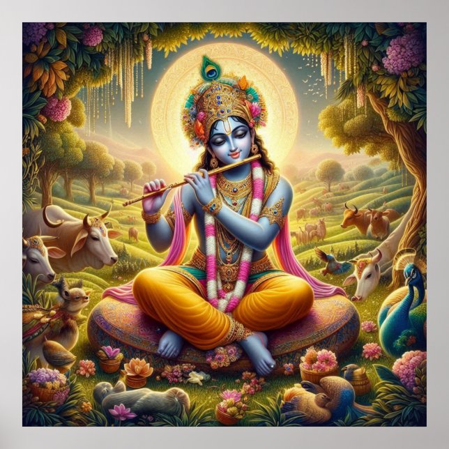 Poster Arte Divina Flauta Dourada Krishna (Frente)