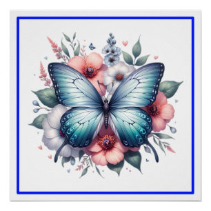 Póster Arte do Buquê Floral de Borboleta Vibrante -96283