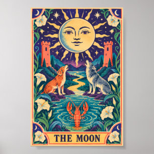Poster Arte do Cartão de Tarot da Lua Ocultismo Retro Cap