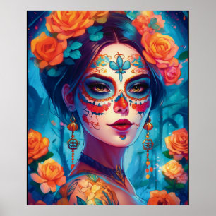 Poster Arte do Crânio do Açúcar - Rosas mística