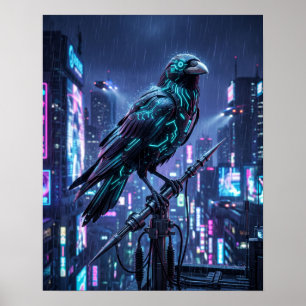 Poster Arte do Cyber Spire do Corvo Neon de Obsidiana