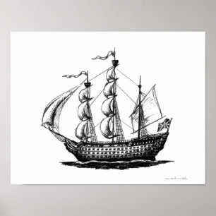 Póster Arte do desenho da caneta da tinta do navio de