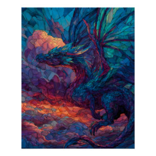 Póster Arte do Dragão do Céu Azul Esverdeado Carmesim Mís