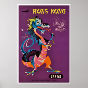 Poster Arte do Dragão Impresso de Hong Kong Qantas Airlin