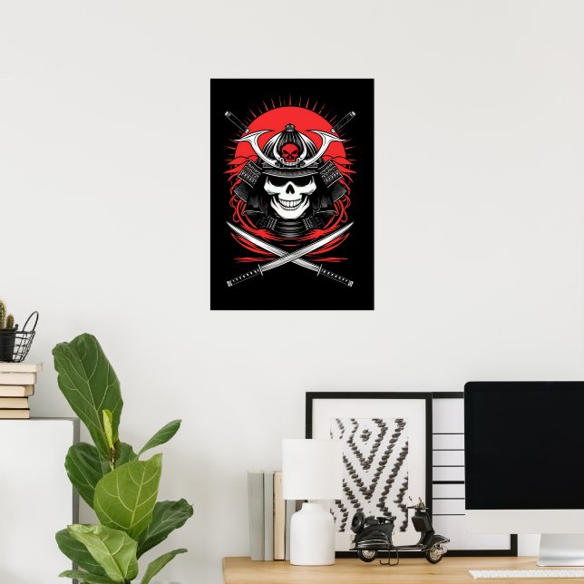 Poster Arte do Guerreiro Samurai Crânio Sol Nascente (Escritório em casa)