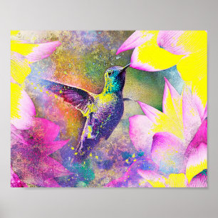 Poster Arte do Humamingbird Floral Amarelo e Roxo vibrant