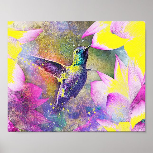Poster Arte do Humamingbird Floral Amarelo e Roxo vibrant (Frente)