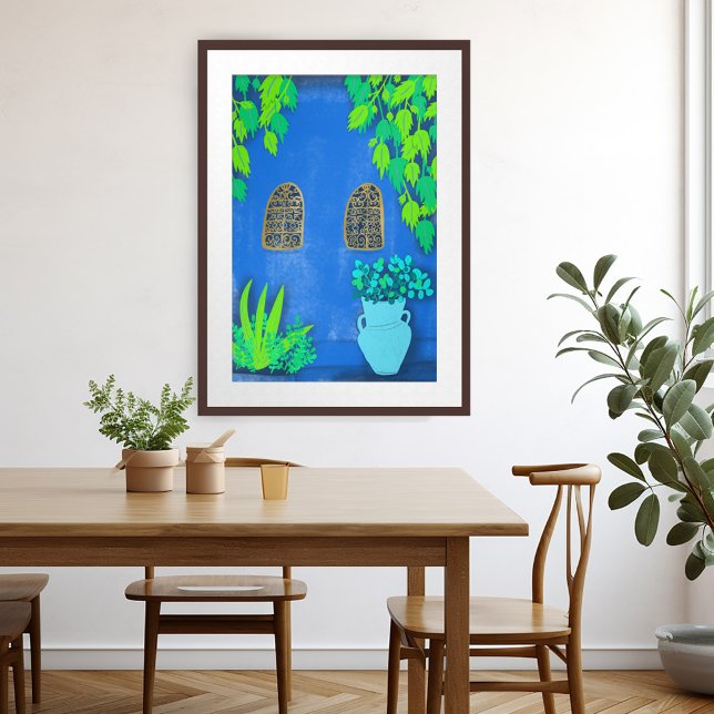 Poster Arte do Jardim Azul do Marrocos (Morocco Garden Blue Walls Plants Art Poster Majorelle Jardin Watercolor)