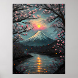Poster Arte do Monte Fuji Pôr do Sol Flor de Cerejeira