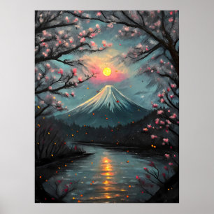 Poster Arte do Monte Fuji Pôr do Sol Flor de Cerejeira