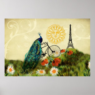 Póster Arte do pavão do vintage com torre Eiffel