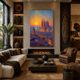 Poster Arte do Pôr do Sol Pontilhismo da Sagrada Família