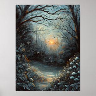 Poster Arte do Rio do Pôr do Sol da Floresta Noturna