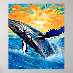 Poster Arte do Salto do Pôr do Sol da Jubarte