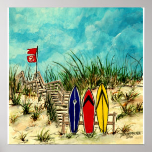 Póster arte do surf - prancha e dunas de areia San Diego
