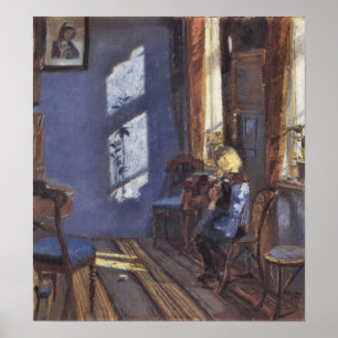 Póster Arte do vintage, luz do sol na sala azul por