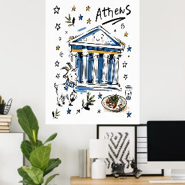 Poster Arte Doodle do Partenon de Atenas Fofa