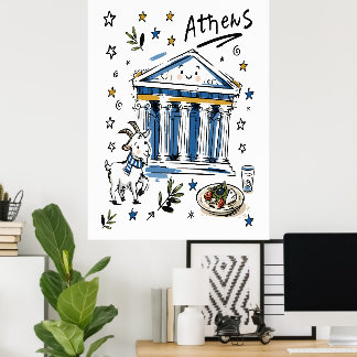 Poster Arte Doodle do Partenon de Atenas Fofa