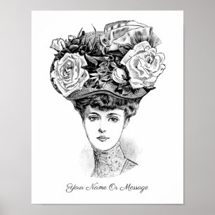 Poster arte dos 1800s de uma mulher em um chapéu floral