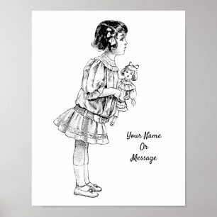 Poster Arte dos anos 1800 Menina Fofa Segurando uma Bonec