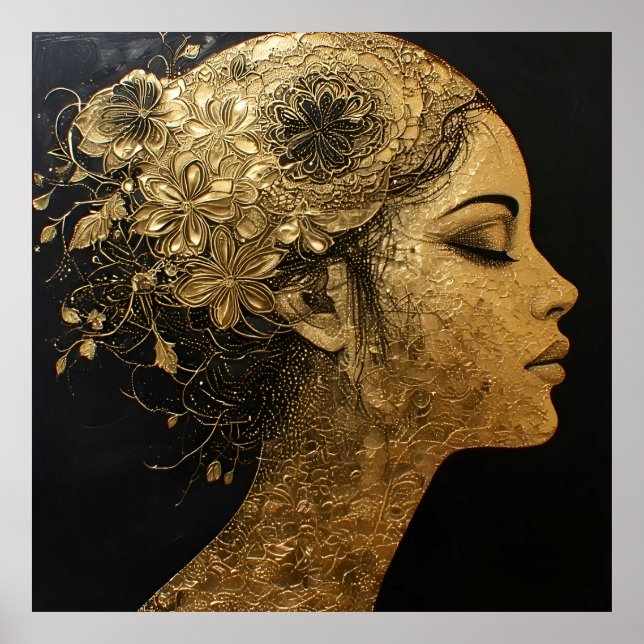 Poster Arte Dourada Elegante de Perfil de Mulher (Frente)